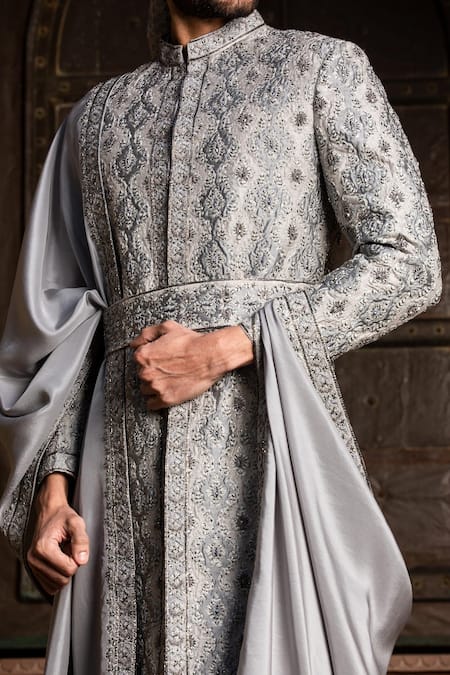 Buy Nitika Gujral Grey Silk, Mohair Applique, Beads, Diamonds, Floral Achkan Set With Belt Online at Aza Fashions Buy_Nitika Gujral_Grey Silk, Mohair Applique, Beads, Diamonds, Floral Achkan Set With Belt _Online_at_Aza_Fashions