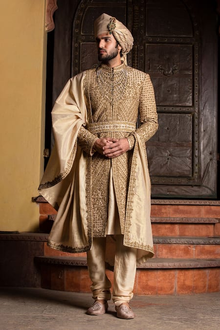 Nitika Gujral_Gold Embroidered Hem Tissue Stole _Online_at_Aza_Fashions