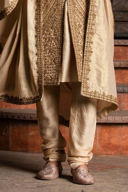 Shop_Nitika Gujral_Gold Silk, Tussar, Mohair Diamonds, Embroidery, Beads Antique Achkan Set _Online_at_Aza_Fashions