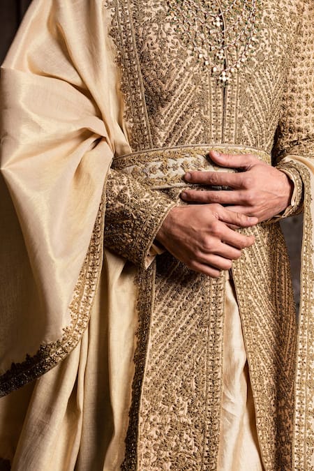 Buy_Nitika Gujral_Gold Silk, Tussar, Mohair Diamonds, Embroidery, Beads Antique Achkan Set _Online_at_Aza_Fashions