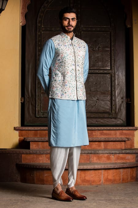 Nitika Gujral_Ivory Silk, Viscose, Modal Embroidery, Sequins Floral Bundi Kurta Set _Online_at_Aza_Fashions