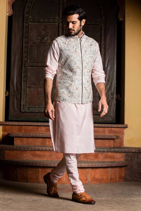 Nitika Gujral_Beige Silk, Viscose Beads, Mirrors Floral Vine Embroidered Bundi Kurta Set _Online_at_Aza_Fashions