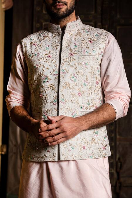 Buy_Nitika Gujral_Beige Silk, Viscose Beads, Mirrors Floral Vine Embroidered Bundi Kurta Set _Online_at_Aza_Fashions