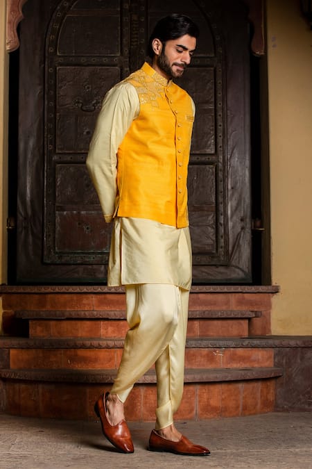 Nitika Gujral_Yellow Silk, Viscose, Modal Embroidery Bundi Kurta Set _Online_at_Aza_Fashions