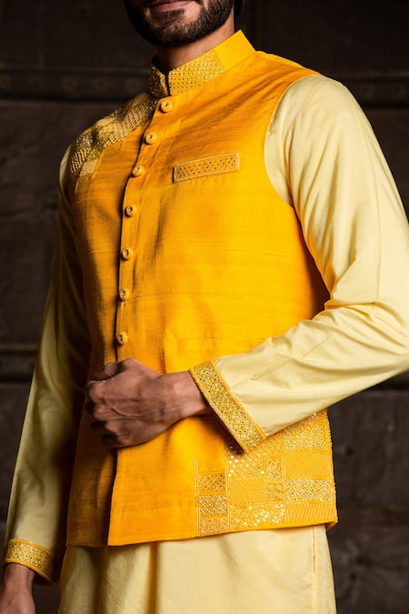 Buy_Nitika Gujral_Yellow Silk, Viscose, Modal Embroidery Bundi Kurta Set _Online_at_Aza_Fashions