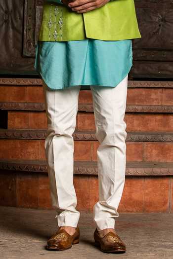 Shop_Nitika Gujral_Green Silk, Viscose, Cotton, Lycra Embroidery Floral Bundi Kurta Set _Online_at_Aza_Fashions