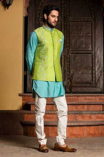 Nitika Gujral_Green Silk, Viscose, Cotton, Lycra Embroidery Floral Bundi Kurta Set _Online_at_Aza_Fashions