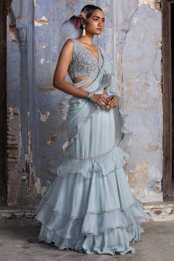 Buy_Nitika Gujral_Blue Georgette, Organza Beads, Crystals Ruffle Draped Saree With Cutout Blouse _Online_at_Aza_Fashions