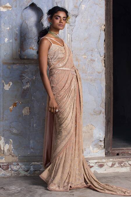 Buy_Nitika Gujral_Beige Georgette, , Silk Sequins, And Work Saree With Blouse _Online_at_Aza_Fashions