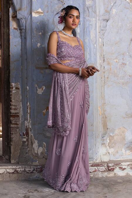 Buy_Nitika Gujral_Purple Georgette, Net Beads, Embroidered Lehenga Saree With Off Shoulder Blouse _Online_at_Aza_Fashions