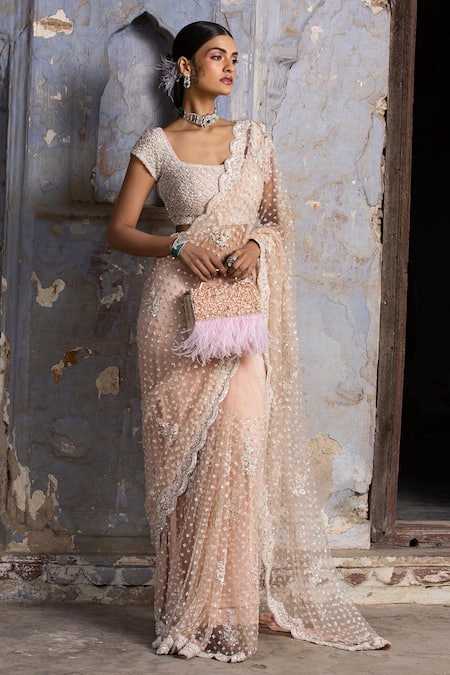 Shop Nitika Gujral Pink Net, Lycra Beads, Crystals Scoop Neck Embroidered Saree With Blouse Online at Aza Fashions Shop_Nitika Gujral_Pink Net, Lycra Beads, Crystals Scoop Neck Embroidered Saree With Blouse _Online_at_Aza_Fashions