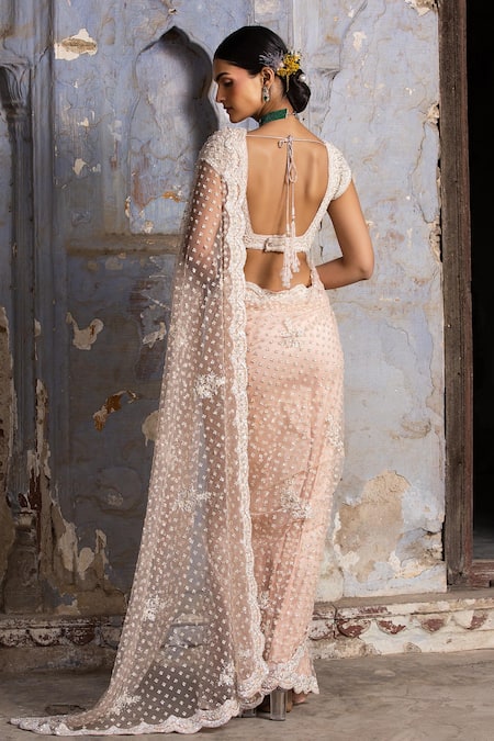 Nitika Gujral Pink Net, Lycra Beads, Crystals Scoop Neck Embroidered Saree With Blouse at Aza Fashions Nitika Gujral_Pink Net, Lycra Beads, Crystals Scoop Neck Embroidered Saree With Blouse _at_Aza_Fashions