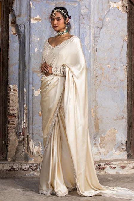 Buy_Nitika Gujral_Cream Silk, Net, Satin Beads, Crystals, Embroidery Scallop Saree With Blouse _Online_at_Aza_Fashions