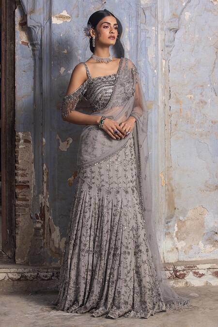 Buy_Nitika Gujral_Grey Net Beads, Crystals Asymmetric And Work Lehenga Saree With Blouse _Online_at_Aza_Fashions