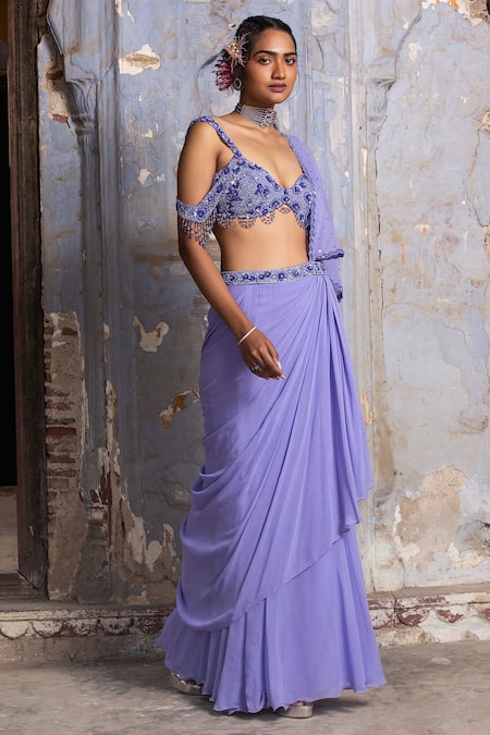 Buy Nitika Gujral Purple Georgette, Net Beads, Embroidery, Crystals Lilac Draped Saree And Bustier Online at Aza Fashions Buy_Nitika Gujral_Purple Georgette, Net Beads, Embroidery, Crystals Lilac Draped Saree And Bustier _Online_at_Aza_Fashions