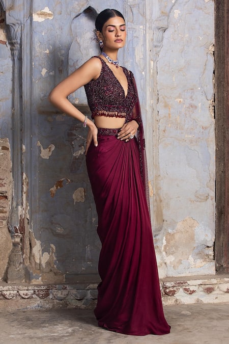 Shop_Nitika Gujral_Maroon Net, Satin Beads, Crystals Plunge Draped Saree With Embroidered V Blouse _Online_at_Aza_Fashions