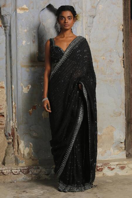Buy_Nitika Gujral_Black Organza, Silk Sequins, Crystals, Saree With Metallic Embroidered Blouse _Online_at_Aza_Fashions