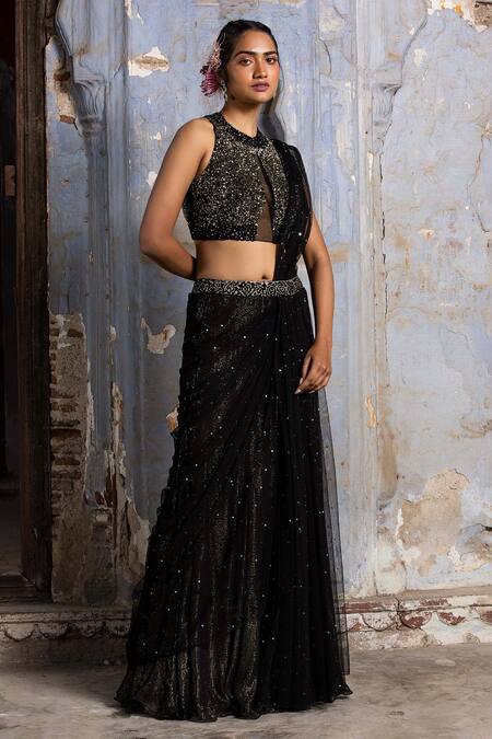Shop Nitika Gujral Black Lurex, Georgette, Net Sequins, Beads, And Work Draped Saree With Blouse Online at Aza Fashions Shop_Nitika Gujral_Black Lurex, Georgette, Net Sequins, Beads, And Work Draped Saree With Blouse _Online_at_Aza_Fashions