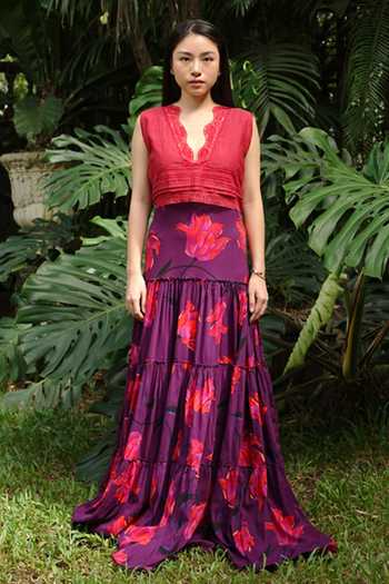 Baju Purple Chanderi Cotton Silk Floral Printed Maxi Skirt Online at Aza Fashions Baju_Purple Chanderi Cotton Silk Floral Printed Maxi Skirt_Online_at_Aza_Fashions