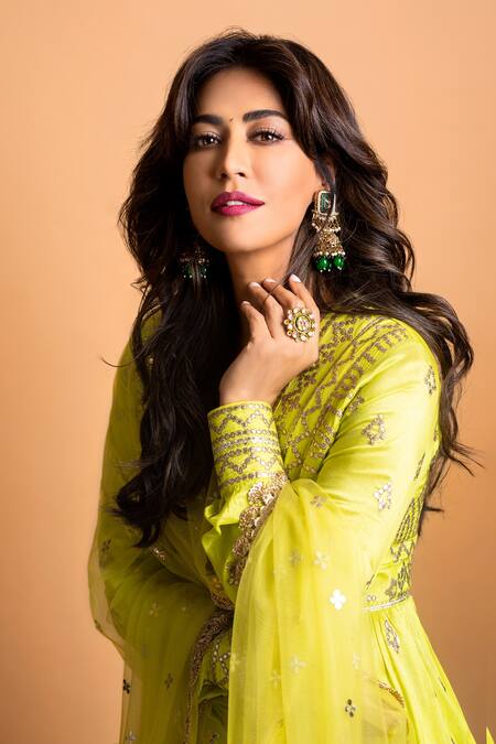 Gopi Vaid_Yellow Tussar, Net Gota Patti V-neck Geometric Pattern Tiered Anarkali Set _at_Aza_Fashions