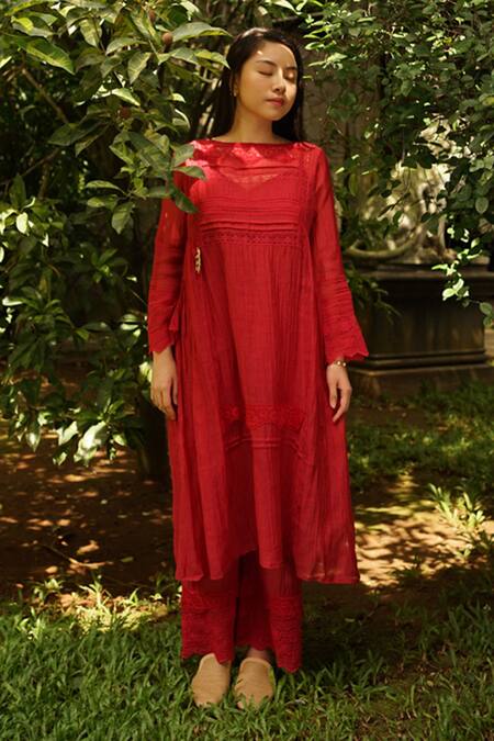 Baju_Purple Chanderi Cotton, Silk Lace Round Neck Embroidered And Paneled Tunic_Online_at_Aza_Fashions