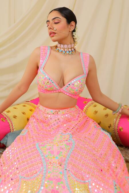 Buy_Rajbinder Chahal_Pink Dupion Silk Mirror, Thread, Applique Embroidered Lehenga And Blouse Set _Online_at_Aza_Fashions