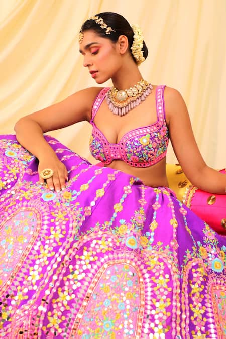 Rajbinder Chahal_Purple Dupion Silk Mirror, Thread, Applique Embroidered Bridal Lehenga Set _Online_at_Aza_Fashions