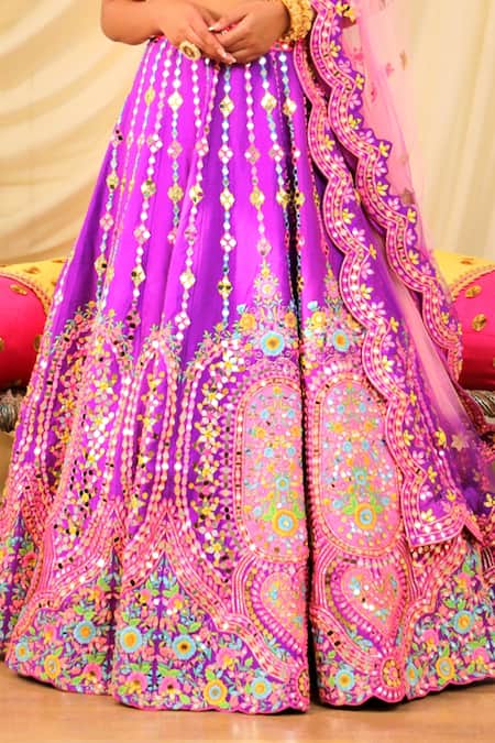 Buy_Rajbinder Chahal_Purple Dupion Silk Mirror, Thread, Applique Embroidered Bridal Lehenga Set _Online_at_Aza_Fashions