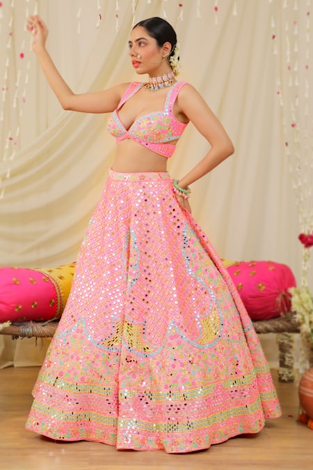 Rajbinder Chahal_Pink Dupion Silk Mirror, Thread, Applique Embroidered Lehenga And Blouse Set _Online_at_Aza_Fashions
