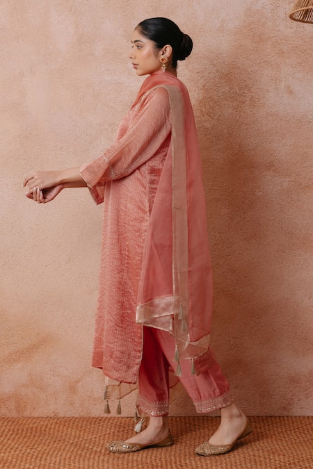 Label Mansi Nagdev_Coral Tissue, Organza Pearls, Sequins, Maheen Stripe Pattern Kurta Palazzo Set _Online_at_Aza_Fashions