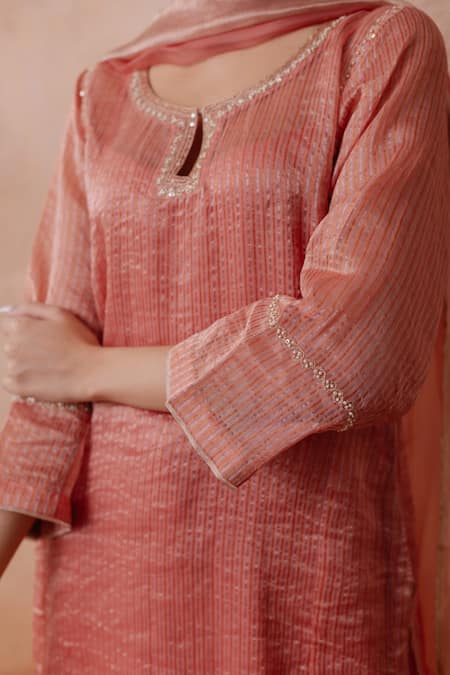 Buy_Label Mansi Nagdev_Coral Tissue, Organza Pearls, Sequins, Maheen Stripe Pattern Kurta Palazzo Set _Online_at_Aza_Fashions