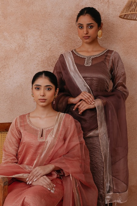 Label Mansi Nagdev_Coral Tissue, Organza Pearls, Sequins, Maheen Stripe Pattern Kurta Palazzo Set _at_Aza_Fashions