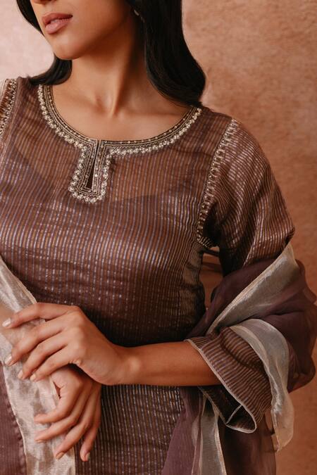 Label Mansi Nagdev_Brown Tissue, Organza Pearls, Sequins, Gota Patti, Embroidery, Hand Kurta Set _Online_at_Aza_Fashions