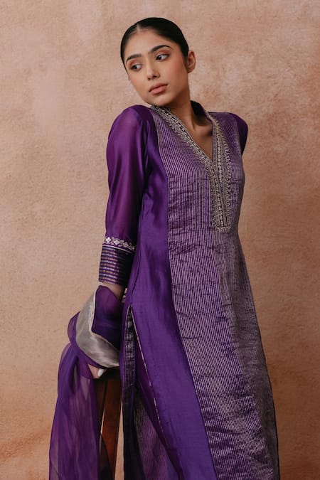 Buy Label Mansi Nagdev Purple Chanderi, Cotton, Organza, Silk Madiha Panelled Kurta Palazzo Set Online at Aza Fashions Buy_Label Mansi Nagdev_Purple Chanderi, Cotton, Organza, Silk Madiha Panelled Kurta Palazzo Set _Online_at_Aza_Fashions