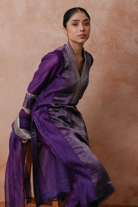 Shop Label Mansi Nagdev Purple Chanderi, Cotton, Organza, Silk Madiha Panelled Kurta Palazzo Set Online at Aza Fashions Shop_Label Mansi Nagdev_Purple Chanderi, Cotton, Organza, Silk Madiha Panelled Kurta Palazzo Set _Online_at_Aza_Fashions