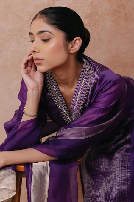 Label Mansi Nagdev Purple Chanderi, Cotton, Organza, Silk Madiha Panelled Kurta Palazzo Set at Aza Fashions Label Mansi Nagdev_Purple Chanderi, Cotton, Organza, Silk Madiha Panelled Kurta Palazzo Set _at_Aza_Fashions