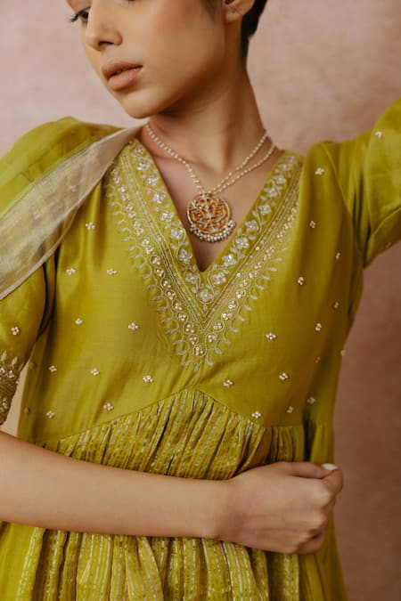 Shop_Label Mansi Nagdev_Green Chanderi, Cotton, Organza, Silk Pearls, Sadia Panelled Anarkali Set _Online_at_Aza_Fashions