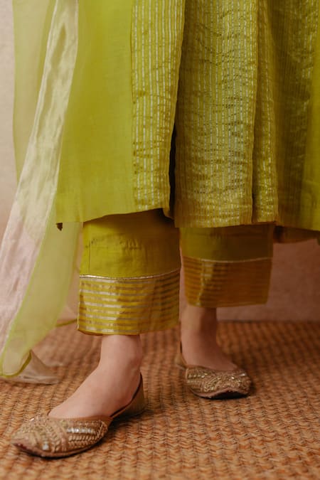 Label Mansi Nagdev_Green Chanderi, Cotton, Organza, Silk Pearls, Sadia Panelled Anarkali Set _at_Aza_Fashions