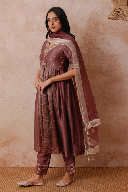 Label Mansi Nagdev Brown Chanderi, Cotton, Silk, Organza Sadia Panelled Anarkali Palazzo Set Online at Aza Fashions Label Mansi Nagdev_Brown Chanderi, Cotton, Silk, Organza Sadia Panelled Anarkali Palazzo Set _Online_at_Aza_Fashions