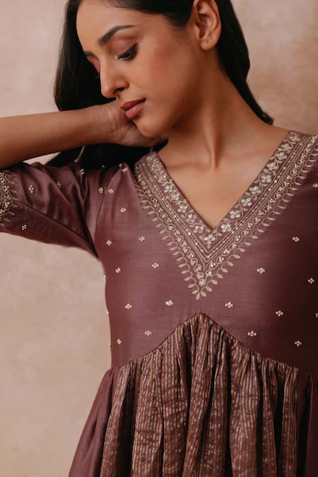 Buy Label Mansi Nagdev Brown Chanderi, Cotton, Silk, Organza Sadia Panelled Anarkali Palazzo Set Online at Aza Fashions Buy_Label Mansi Nagdev_Brown Chanderi, Cotton, Silk, Organza Sadia Panelled Anarkali Palazzo Set _Online_at_Aza_Fashions