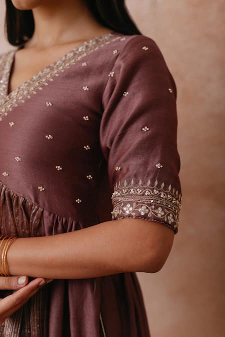 Shop Label Mansi Nagdev Brown Chanderi, Cotton, Silk, Organza Sadia Panelled Anarkali Palazzo Set Online at Aza Fashions Shop_Label Mansi Nagdev_Brown Chanderi, Cotton, Silk, Organza Sadia Panelled Anarkali Palazzo Set _Online_at_Aza_Fashions