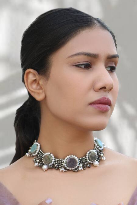 Arnimaa_Silver Plated Round Stones Embellished Necklace _Online_at_Aza_Fashions