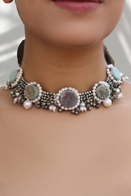 Shop_Arnimaa_Silver Plated Round Stones Embellished Necklace _Online_at_Aza_Fashions