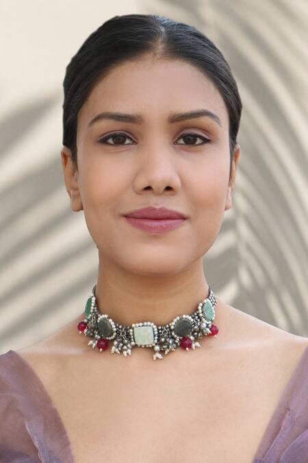 Arnimaa_Silver Plated Geometric Pattern Choker Necklace _Online_at_Aza_Fashions