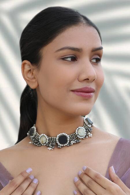 Arnimaa_Silver Plated Beads, Stones, Pearls And Ghungroos Round Choker Necklace_Online_at_Aza_Fashions