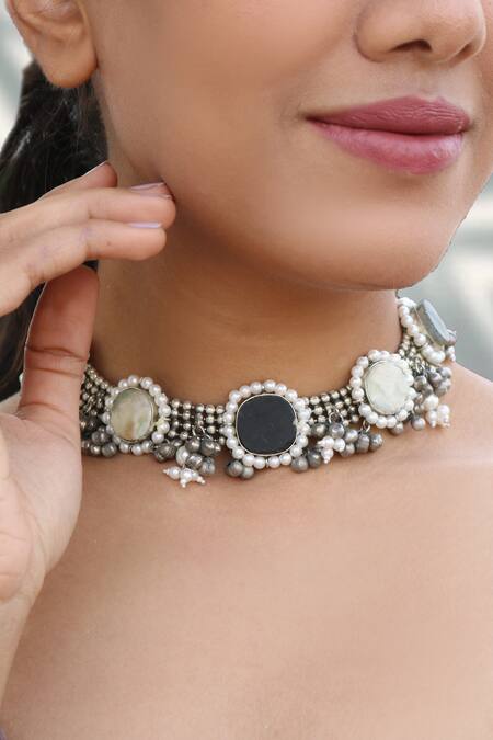Buy_Arnimaa_Silver Plated Beads, Stones, Pearls And Ghungroos Round Choker Necklace_Online_at_Aza_Fashions