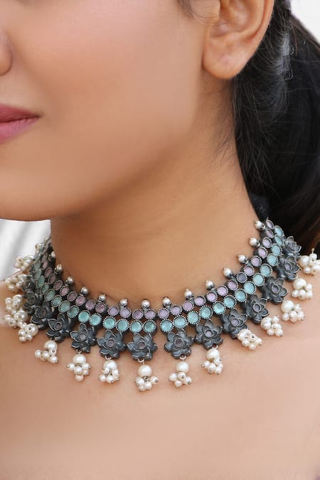 Shop_Arnimaa_Silver Plated Floral Stones Embellished Necklace _Online_at_Aza_Fashions