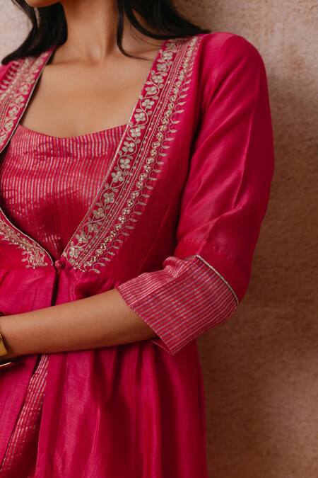 Shop Label Mansi Nagdev Pink Chanderi, Cotton Pearls, Sequins, Gota Aqsa Flared Jacket Trouser Set Online at Aza Fashions Shop_Label Mansi Nagdev_Pink Chanderi, Cotton Pearls, Sequins, Gota Aqsa Flared Jacket Trouser Set _Online_at_Aza_Fashions