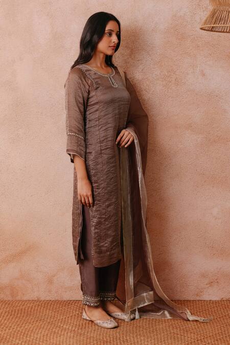Shop_Label Mansi Nagdev_Brown Tissue, Organza Pearls, Sequins, Gota Patti, Embroidery, Hand Kurta Set _Online_at_Aza_Fashions