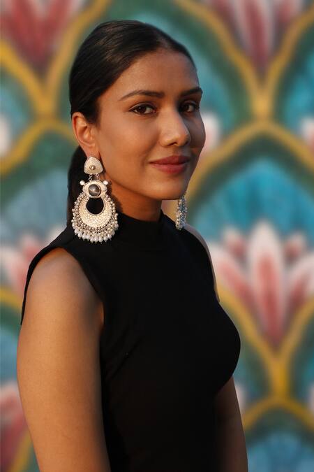 Shop_Arnimaa_Silver Plated Stones, Pearls Embellished Long Earrings _Online_at_Aza_Fashions